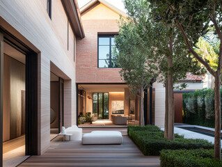 Obraz premium Contemporary home design showcasing open courtyard with greenery and natural light