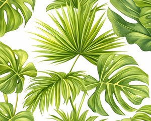 Tropical palm leaves pattern, vibrant green foliage, white background, textile print