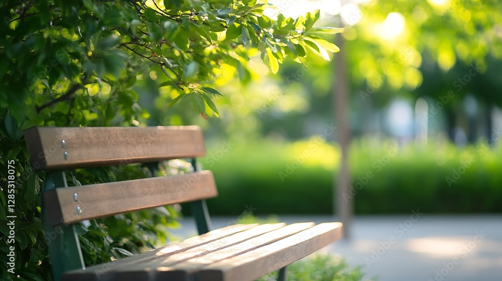 Poster serene park bench surrounded by lush green foliage in a tranquil natural setting : generative ai