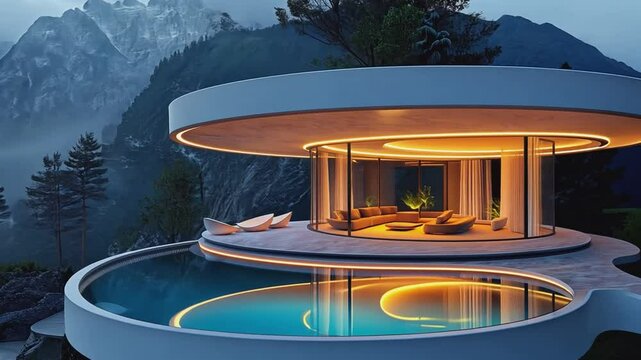 Architectural Oasis: A modern, futuristic home with a circular design, featuring a stunning infinity pool and panoramic mountain views, creating a sense of luxury and tranquility.