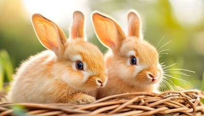 Fototapeta premium Two bunnies in a nest, spring meadow background, Easter card