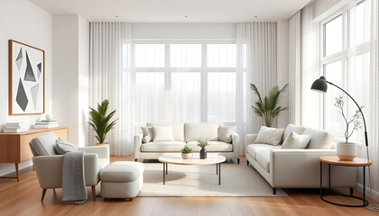 Fototapeta premium Elegant Home Interior Featuring a Beige White Sofa in a Bright, Airy Space