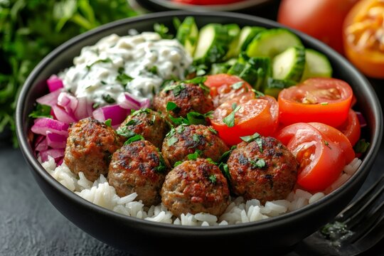 Delicious greek keftedakia bowl with rice, vegetables and tzatziki sauce garnished with fresh parsley