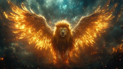 A majestic lion with wings symbolizing power and divinity stands against a cosmic backdrop