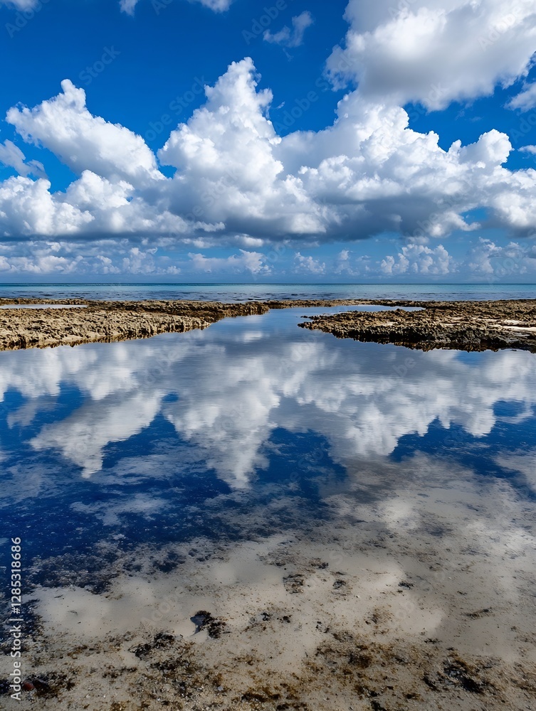 Poster tranquil reflection of clouds in calm water at scenic coastal location : generative ai