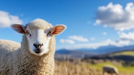 Fototapeta premium Close Up Adorable Sheep Smiling in Beautiful Pastoral Landscape Under Bright Blue Sky : Generative AI