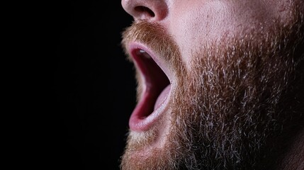 Fototapeta premium Man's open mouth, profile view, dark background, shouting