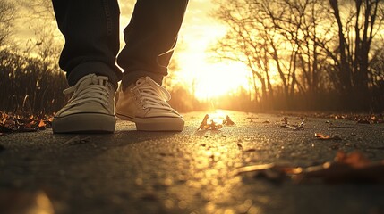 Morning jogger preparing for an energetic run, sunlight streaming through trees, vibrant path inviting an active start to the day