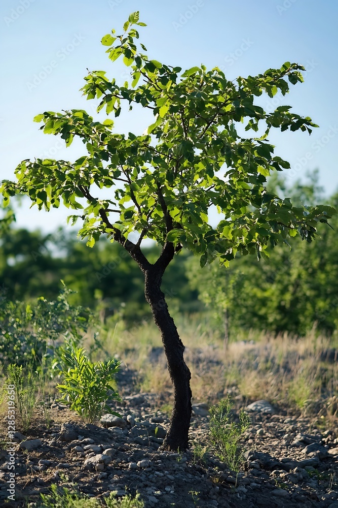 Poster lush green tree on a sunny day in an open landscape with a blue sky : generative ai