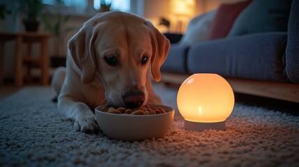 Fototapeta na wymiar Dog eating kibble at night, warm home interior, ambient lighting