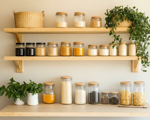Organized jars on shelf in modern kitchen.