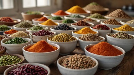 Fototapeta premium Diverse bowls of spices and grains for healthy culinary business