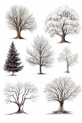Winter trees illustration, various species, white background, design element