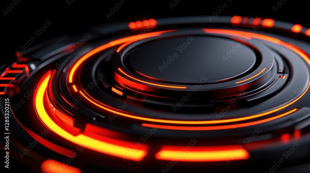 Sticker abstract close-up of a futuristic circular design with glowing orange lines on a dark background