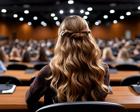 Woman at conference, lecture hall audience