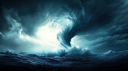 Fototapeta premium Turbulent Sea Fury, a dramatic water spout emerges amidst stormy skies, showcasing nature's chaos and raw power.