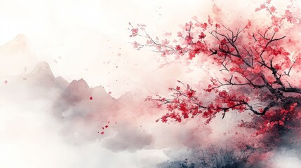 A serene watercolor landscape featuring red blossoms and misty mountains.