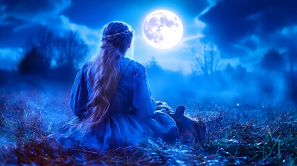 Fototapeta premium Woman gazing at full moon, night field, fantasy