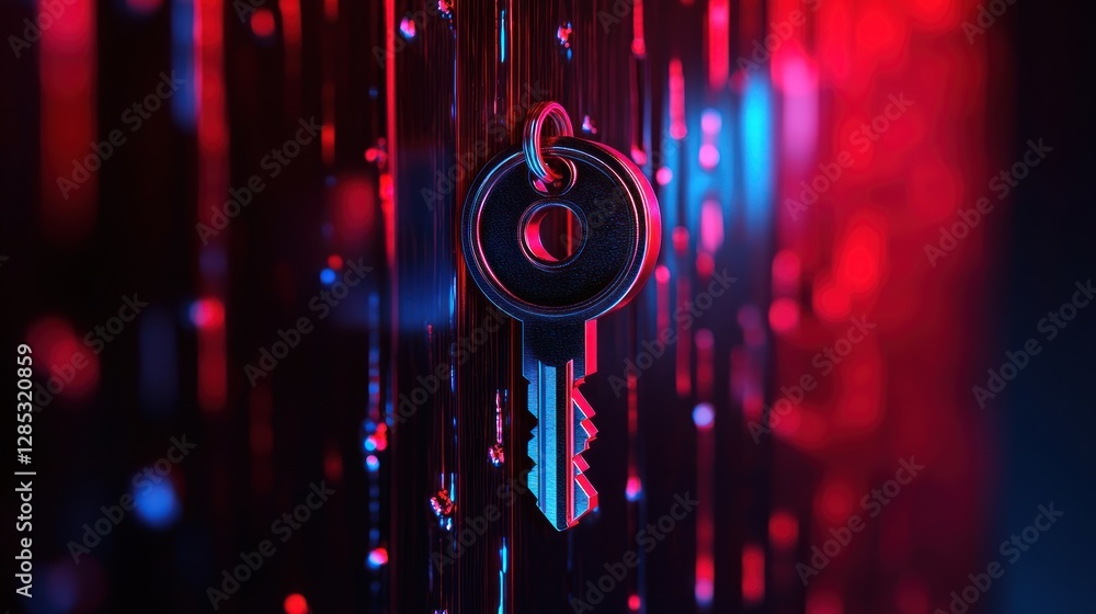 Canvas Prints a close-up of a key hanging in a vibrant, digitally lit environment with colorful lights