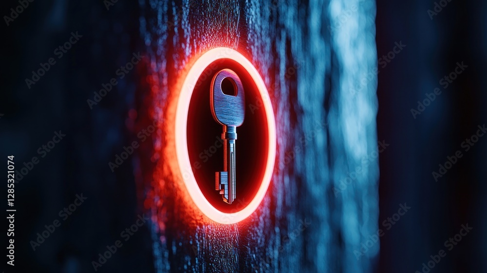 Wall mural a glowing keyhole illuminated by neon light on a textured surface, suggesting mystery and exploratio