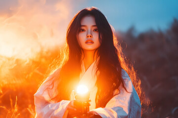Naklejka premium Woman holding lantern, sunset field, serene pose, calmness