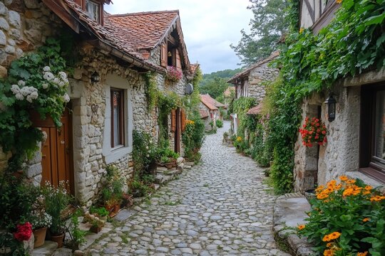 Picturesque cobblestone alley winding through charming stone houses adorned with vibrant flowers in Perouges, France