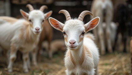 Obraz premium Curious Goats in Barnyard Setting