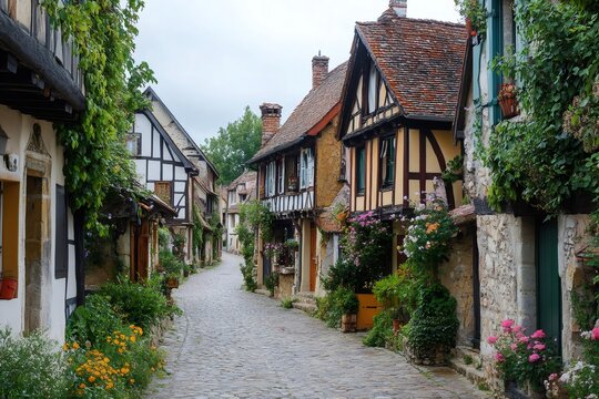 Picturesque cobblestone street winding through charming medieval houses adorned with colorful flowers in Gerberoy, France