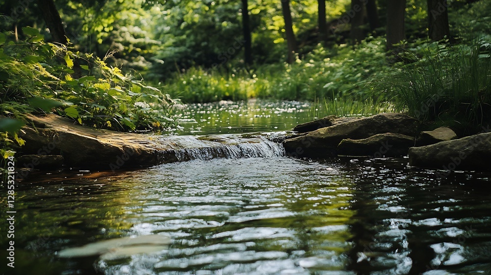 Poster serene stream flowing through lush green forest surrounded by tranquility and nature : generative ai