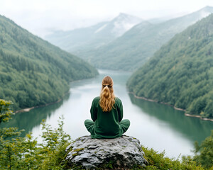 Woman meditates on mountaintop overlooking lake