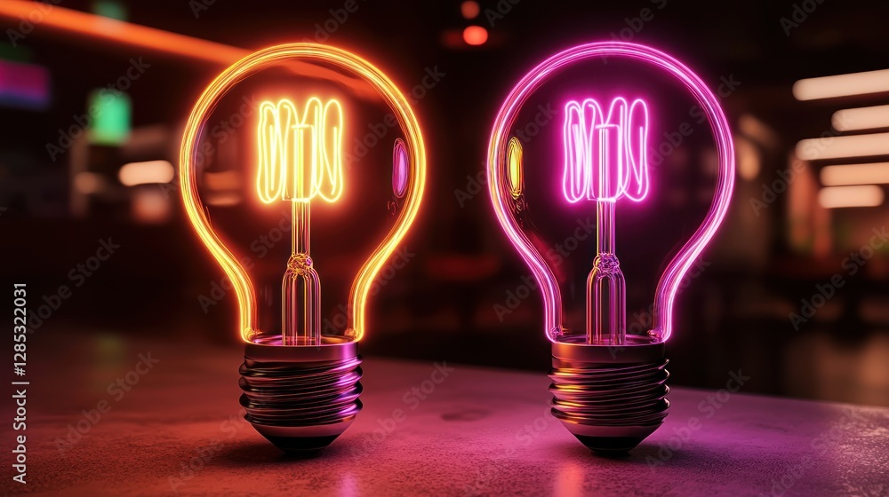 Canvas Prints two glowing light bulbs in vibrant colors on a table in a modern, dimly lit caf? setting
