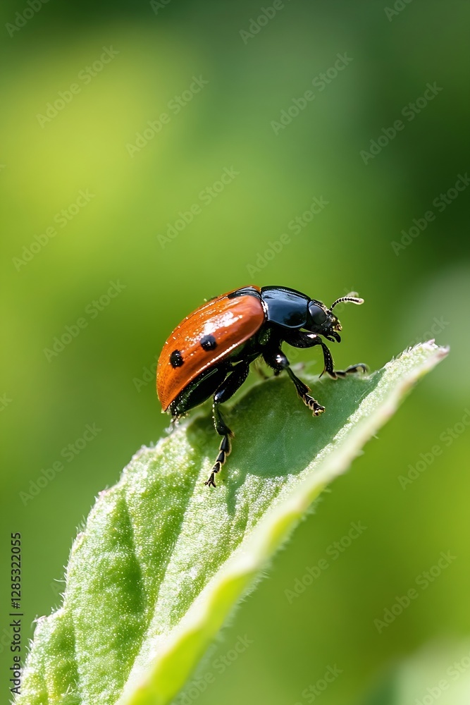 Poster close up of a beautiful ladybug on a green leaf in natural environment : generative ai
