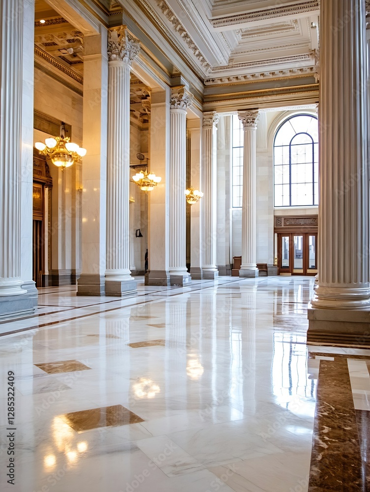 Poster Elegant marble hallway with grand columns and natural light from large windows : Generative AI