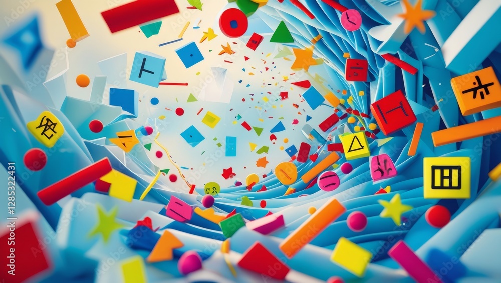 Poster a dynamic and surreal abstract image with colorful spirals and geometric shapes, evoking a sense of 
