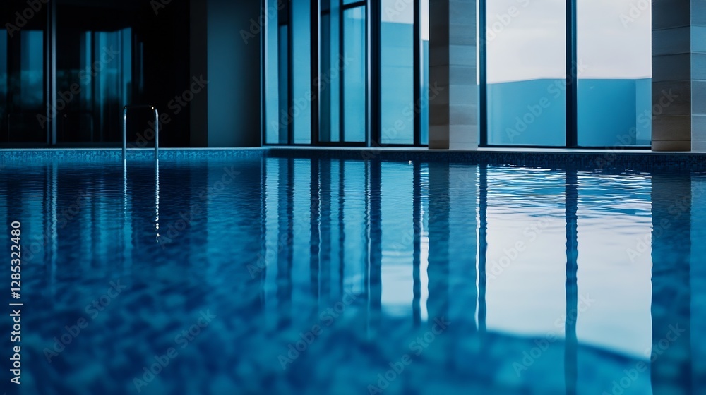 Aufkleber elegant indoor swimming pool with large windows and crystal clear water reflection : generative ai