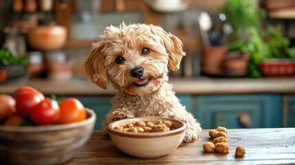 A playful dog sits at a table with a bowl of food, surrounded by fresh tomatoes.