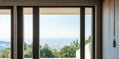 Modern interior design showcases stunning mountain view with expansive glass windows