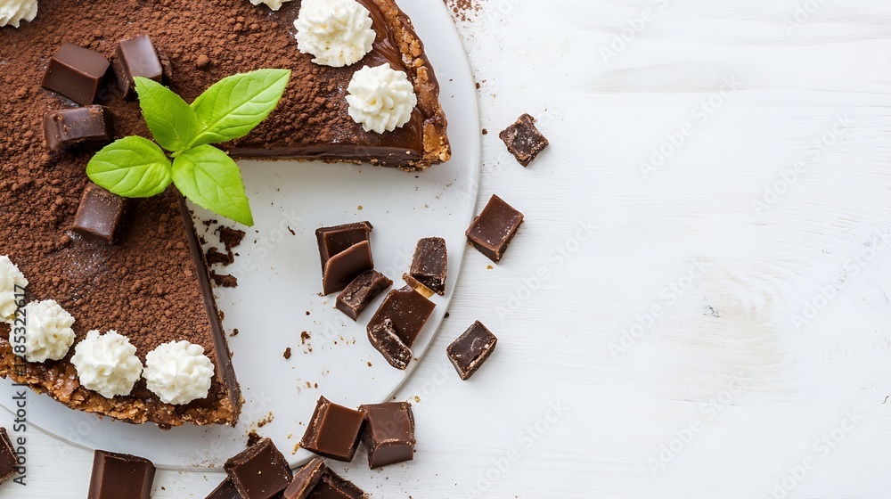 Aufkleber rich chocolate cake with creamy frosting and chocolate pieces on a white table : generative ai