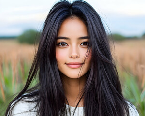 Fototapeta premium Woman smiling outdoors, field background, beauty portrait, stock photo