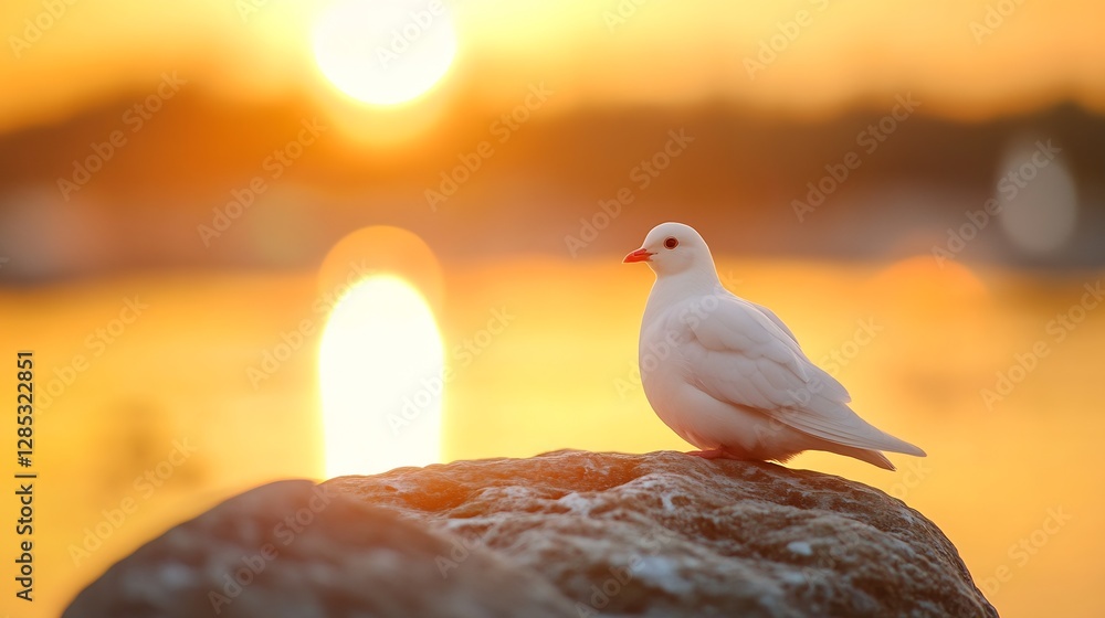 Aufkleber white dove sitting on rock at sunset with bokeh background : generative ai