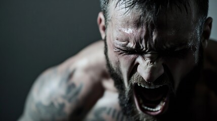Fototapeta premium Intense Close Up of a Male Athlete Expressing Raw Emotion While Shouting in High Contrast Lighting : Generative AI
