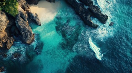 Aerial View of Serene Turquoise Waters and Rocky Coastline on a Sunny Day