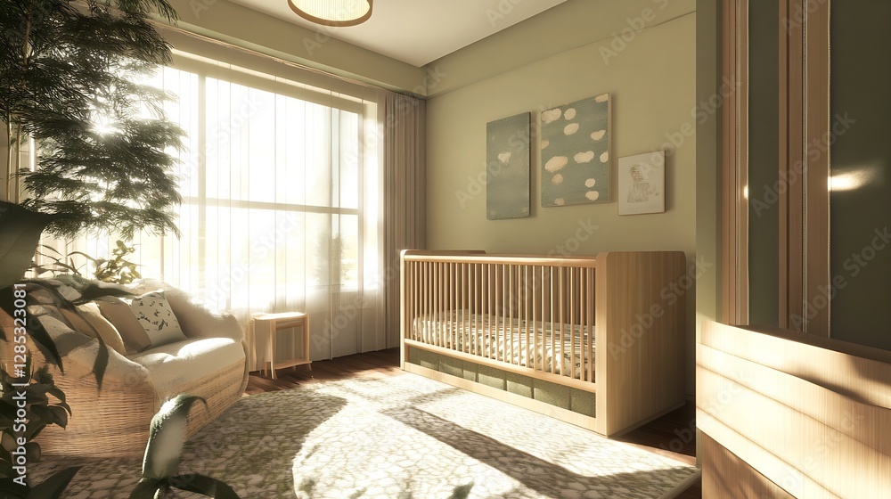 Poster stylish modern nursery with bright sunlight streaming through curtains : generative ai