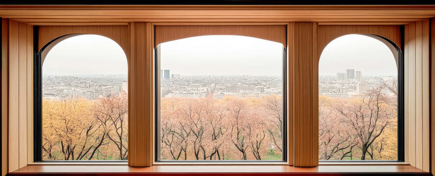 Fototapeta Beautiful autumn view of Paris from a large window overlooking city skyline