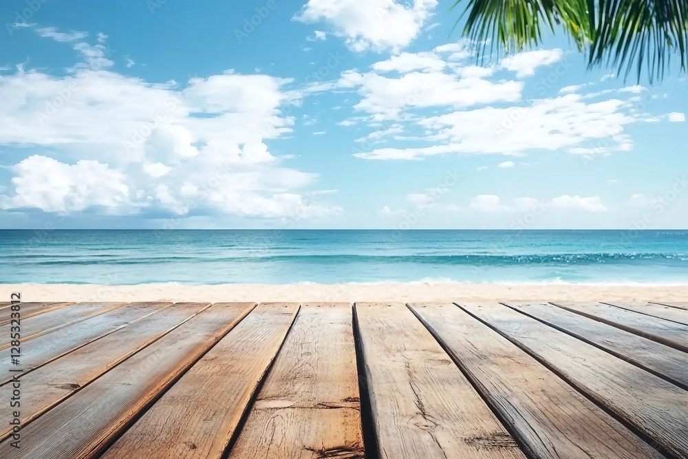 Wall mural old wood table top on blurred beach background with coconut leaf. relax in holiday. summer