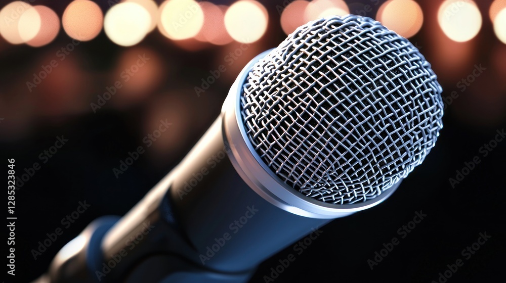 Wall mural close-up of a microphone against a blurred background of soft lights during a performance
