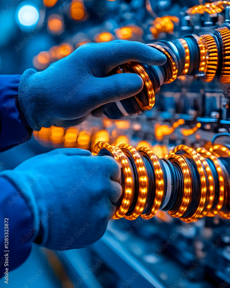 Poster worker installing led lights on factory line