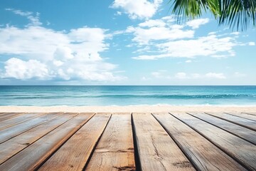 Fototapeta premium old wood table top on blurred beach background with coconut leaf. relax in holiday. summer