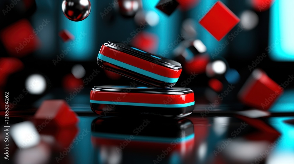 Sticker vibrant abstract scene featuring floating geometric shapes and two stacked red and black boxes