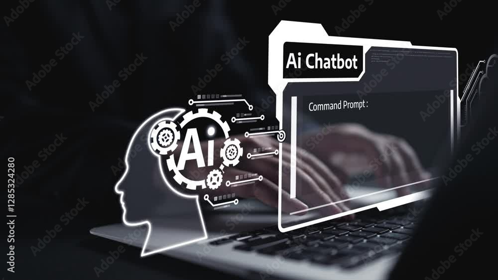 Poster human interact with ai artificial intelligence virtual assistant chatbot in concept of ai artificial